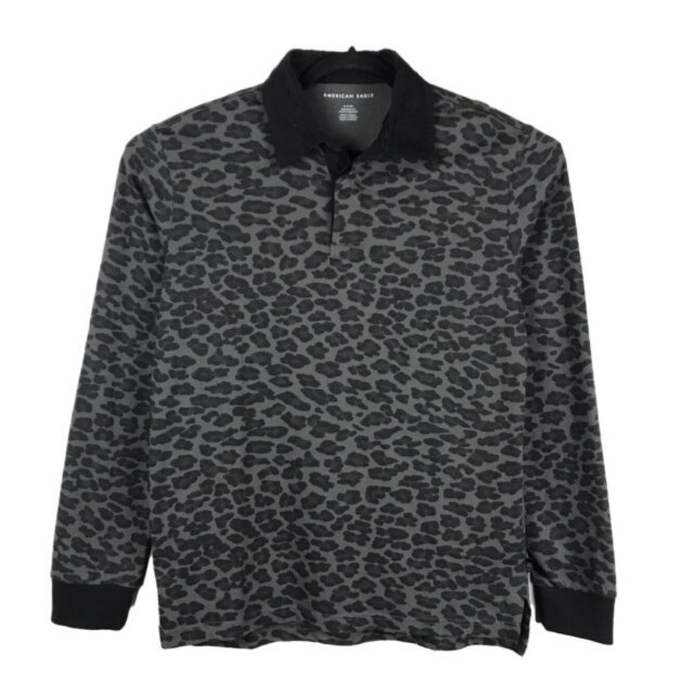 American Eagle Black Grey Animal Print Corduroy Collared Long-sleeve Shirt
